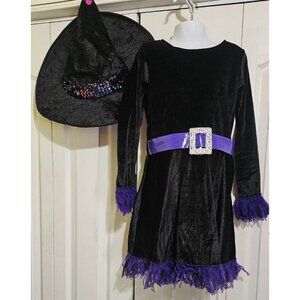 Purple Shredded Witch Costume Girls 4-6 Black Velvet Dress Hat Spirit Halloween